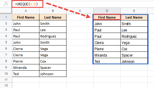 Unique formula in Google Sheets to find all the unique records