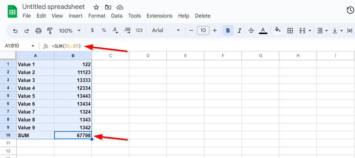 Selecting multiple cells for formatting in Google Sheets