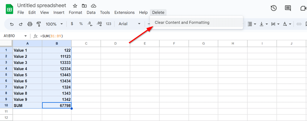 Clear content and formatting option in Google Sheets