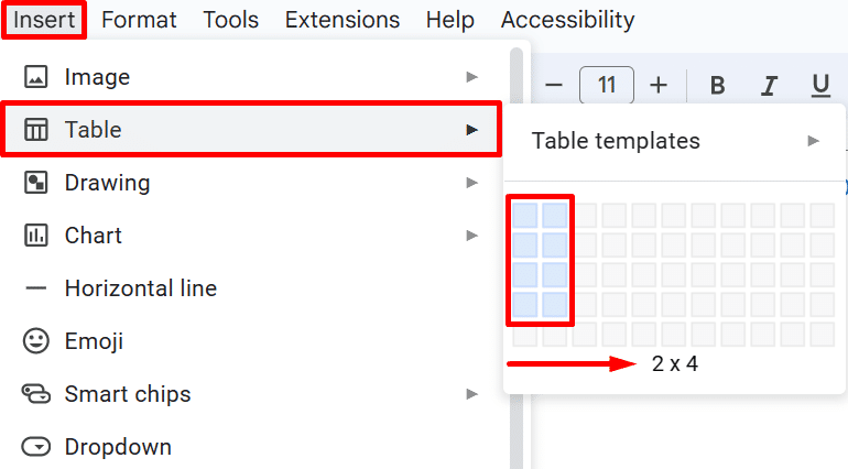 How to insert a table in Google Docs