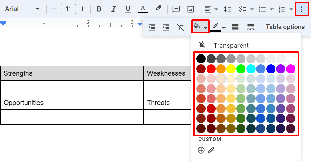 Selecting a cell background color in Google Docs