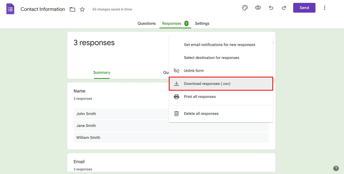 Downloading form responses as a .csv file