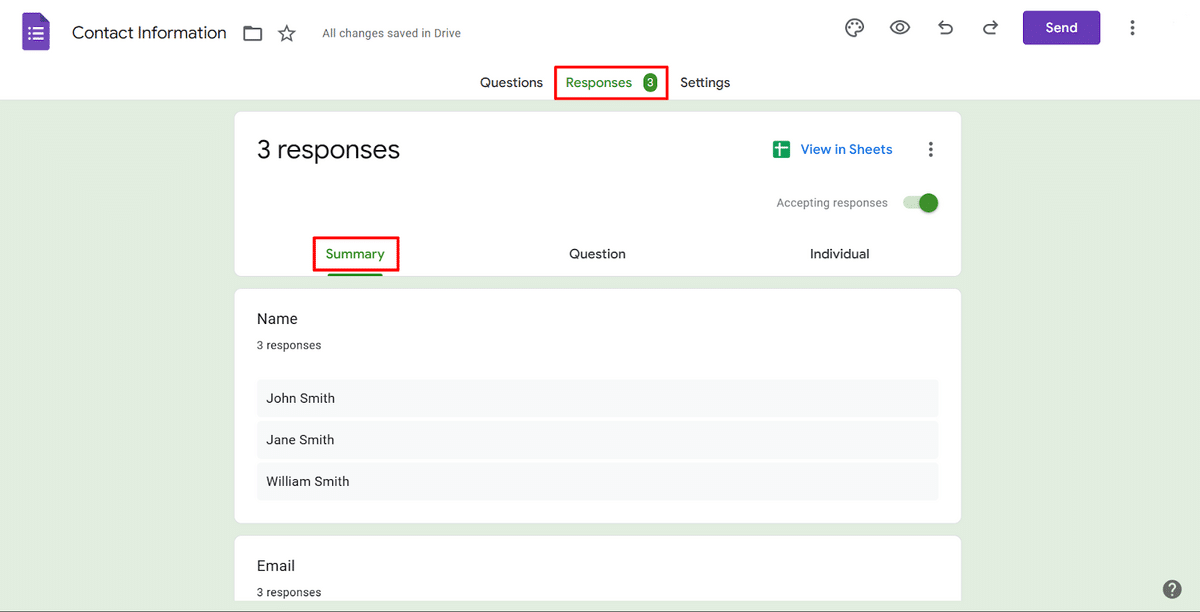 Going to the "Summary" tab in Google Forms