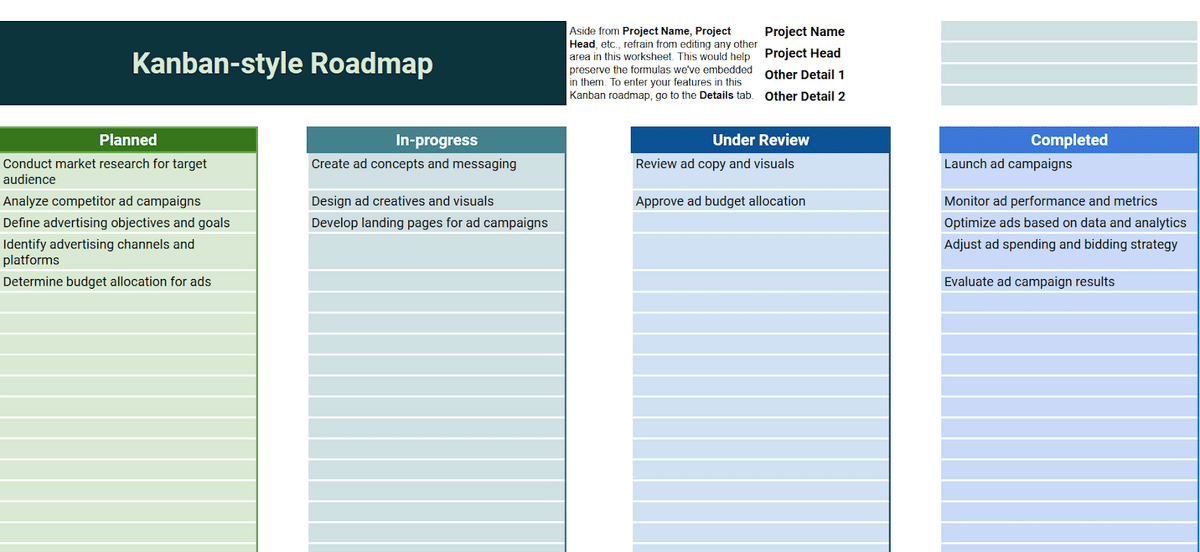 Screenshot of a Kanban roadmap template