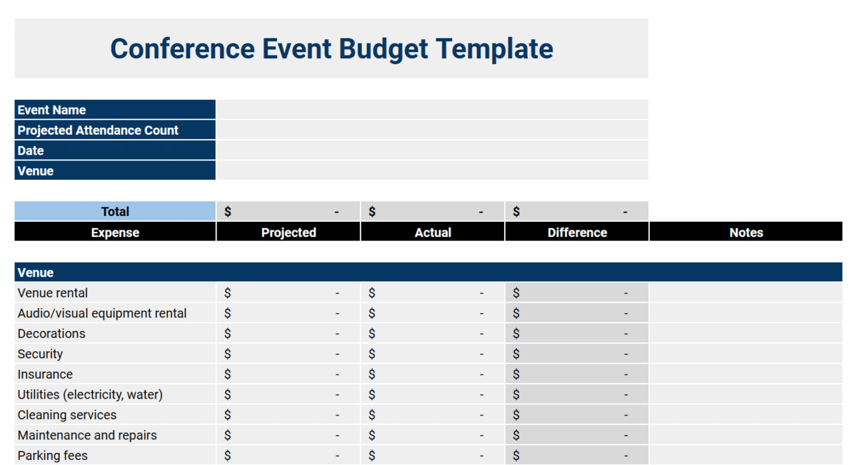 Conference event budget sheet