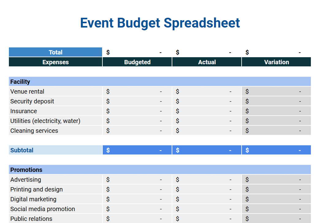 General event budget spreadsheet in Google Sheets