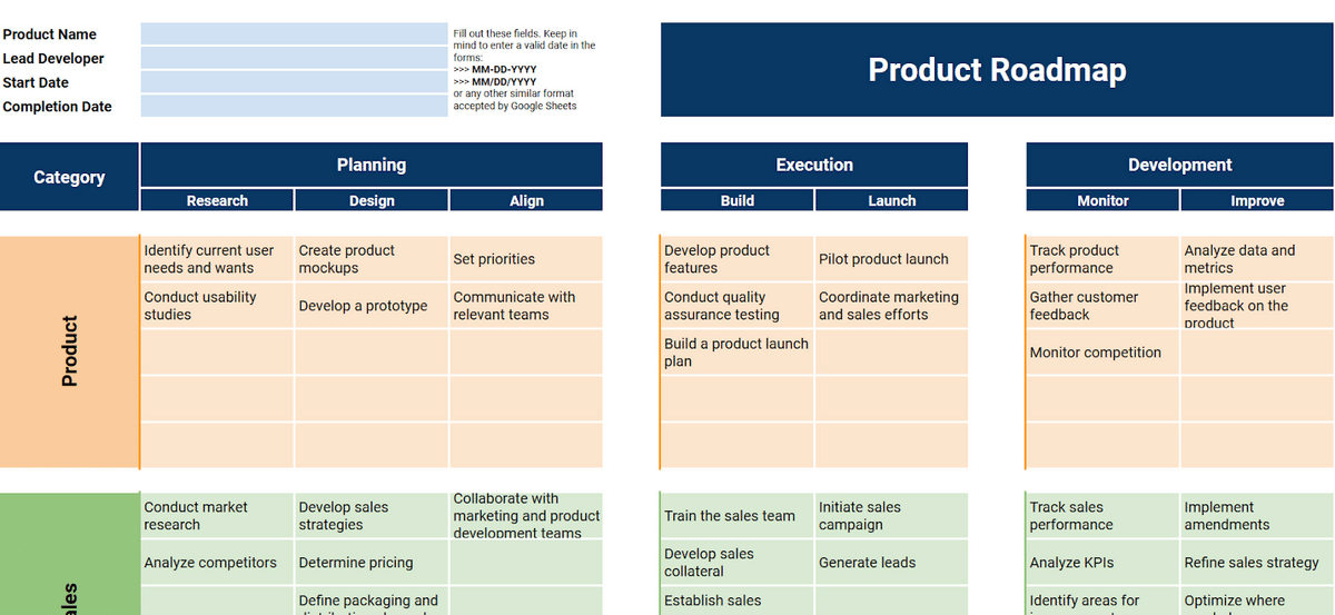 Screenshot of product roadmap template in Google Sheets