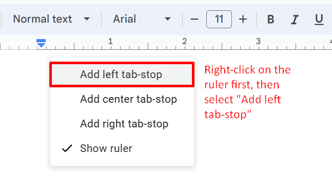 Where to find the "Add left tab-stop" option in Google Docs