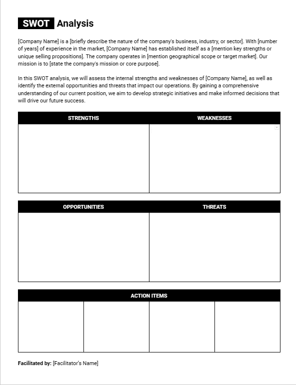 SWOT analysis template Google Docs—preview of simple business SWOT analysis template