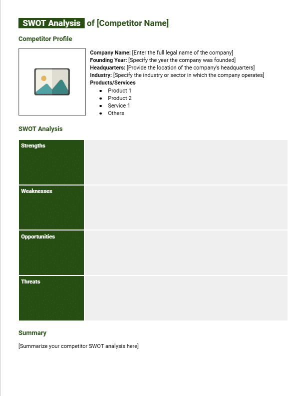 Preview of competitor SWOT analysis template