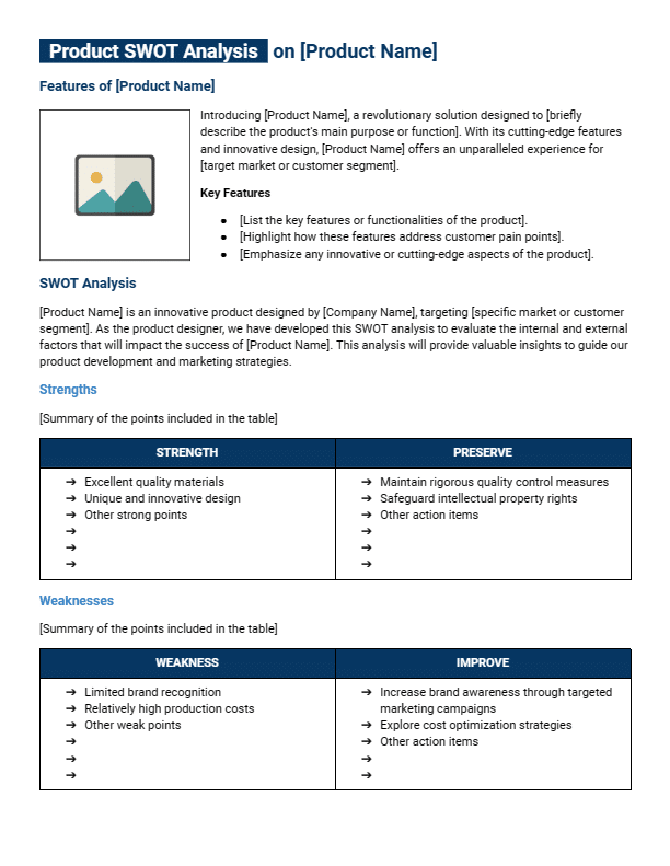 Preview of product SWOT analysis template