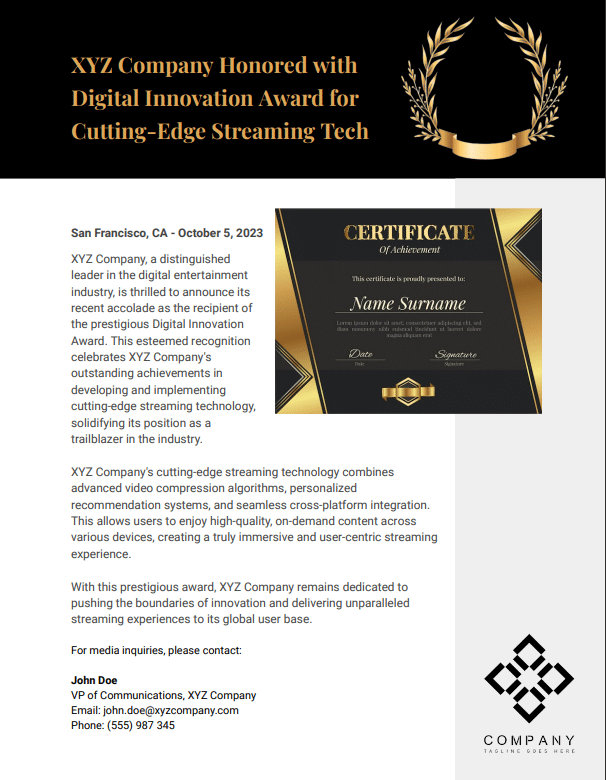 Awards and recognitions press release template