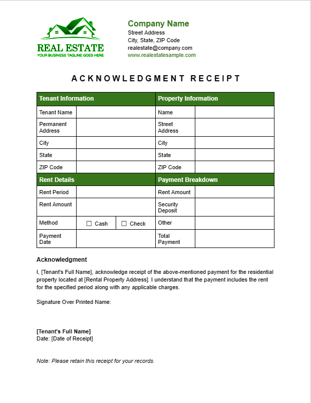 Preview of residential rent payment template