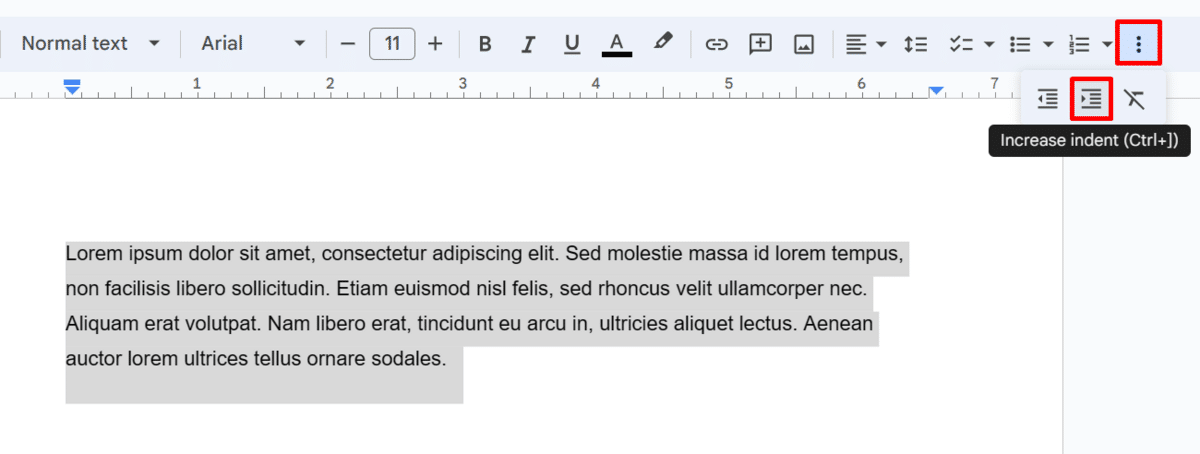 Where to find the "Increase indent" option in Google Docs