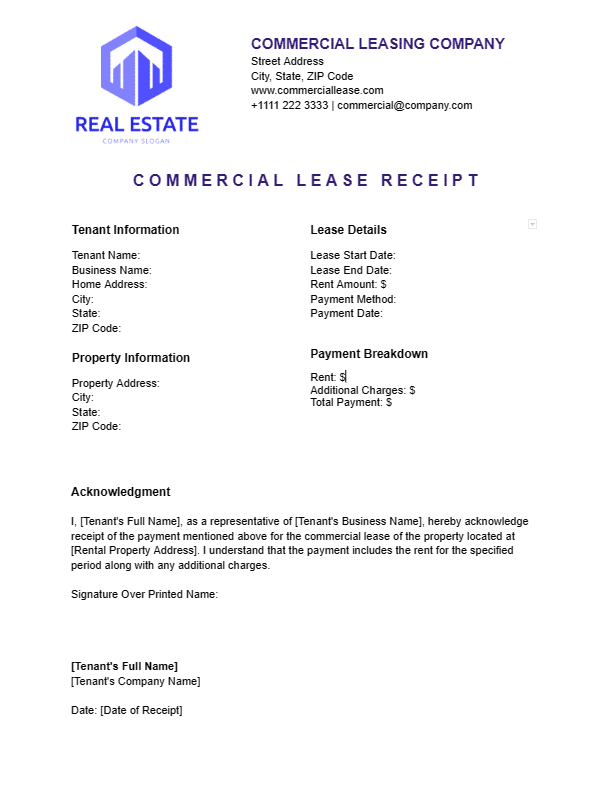 Preview of commercial lease receipt template