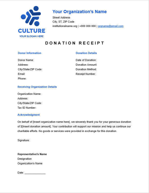 Preview of non-profit donation receipt template