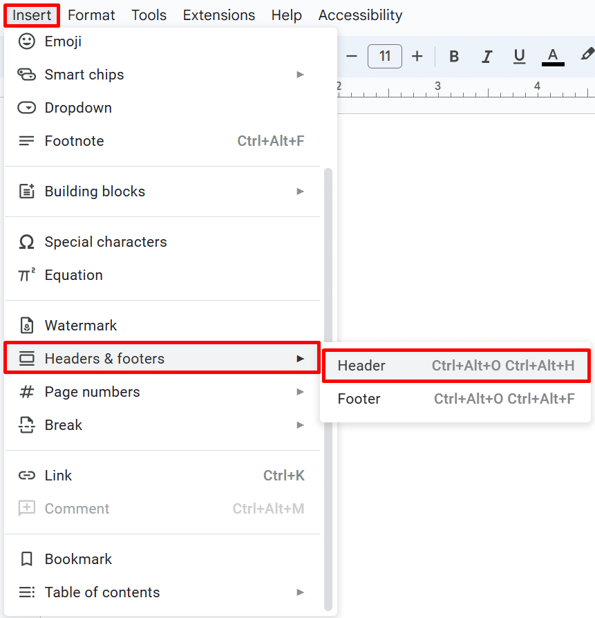 How to insert a header in Google Docs