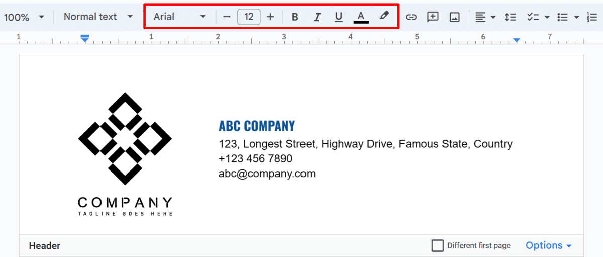 How to format a header section in Google Docs