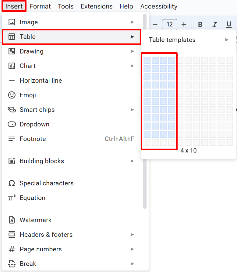 How to insert a table in Google Docs