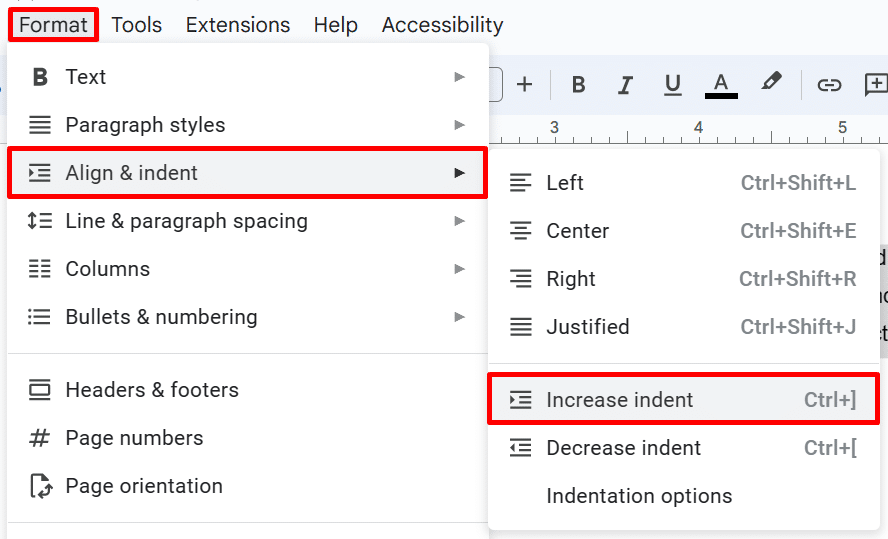 Increase indent option in Google Docs