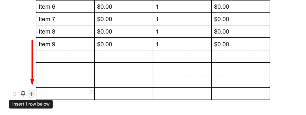 How to insert new rows in an existing Google Docs table