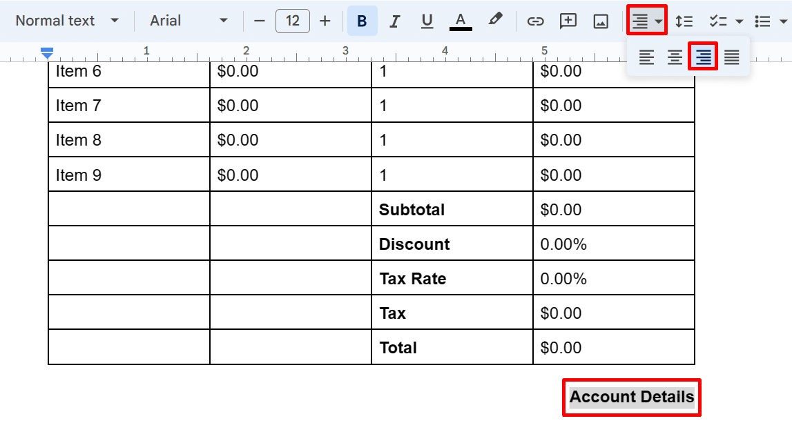 How to align text to the right in Google Docs