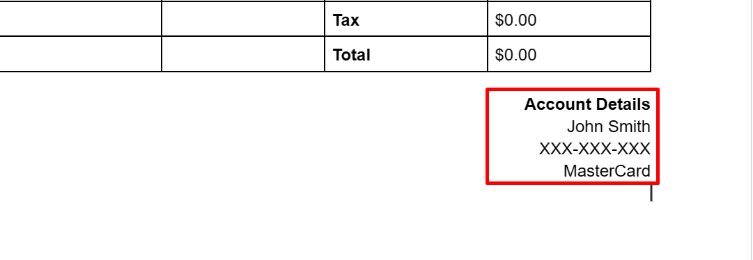 Screenshot of account details section in a receipt