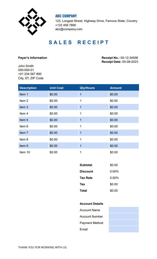 Receipt template Google Docs—preview of simple sales receipt template