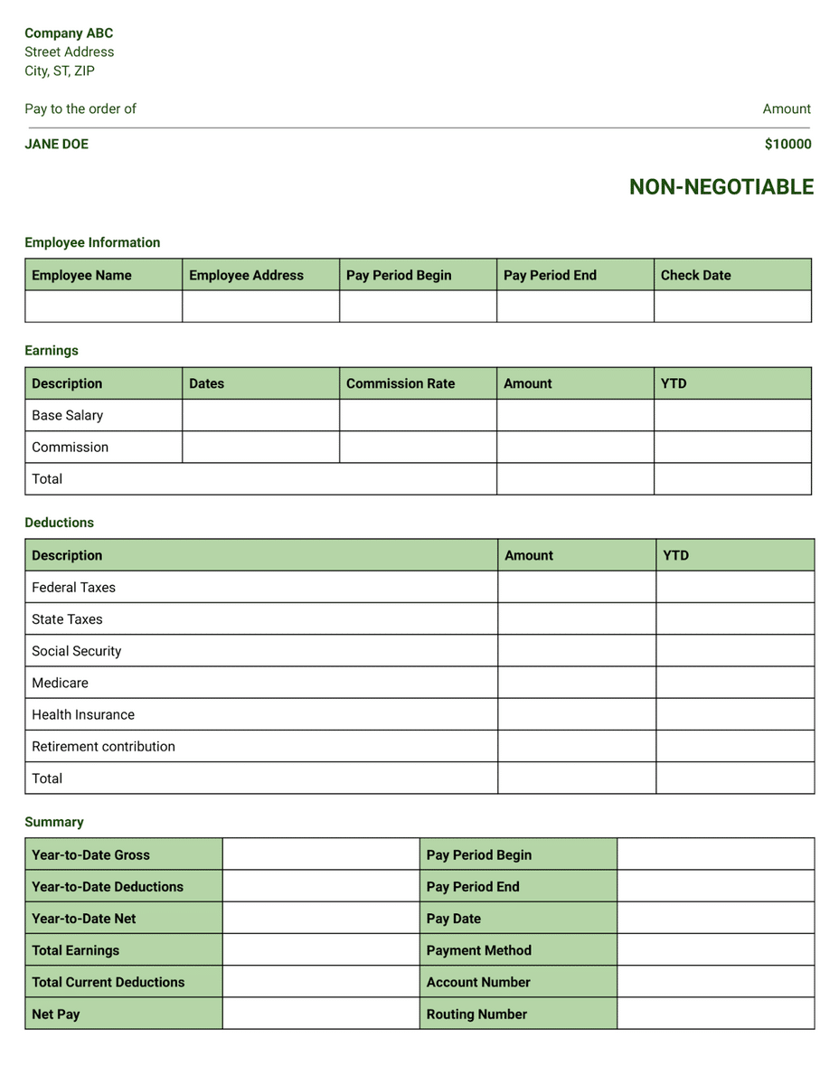 Preview of commission-based pay stub template