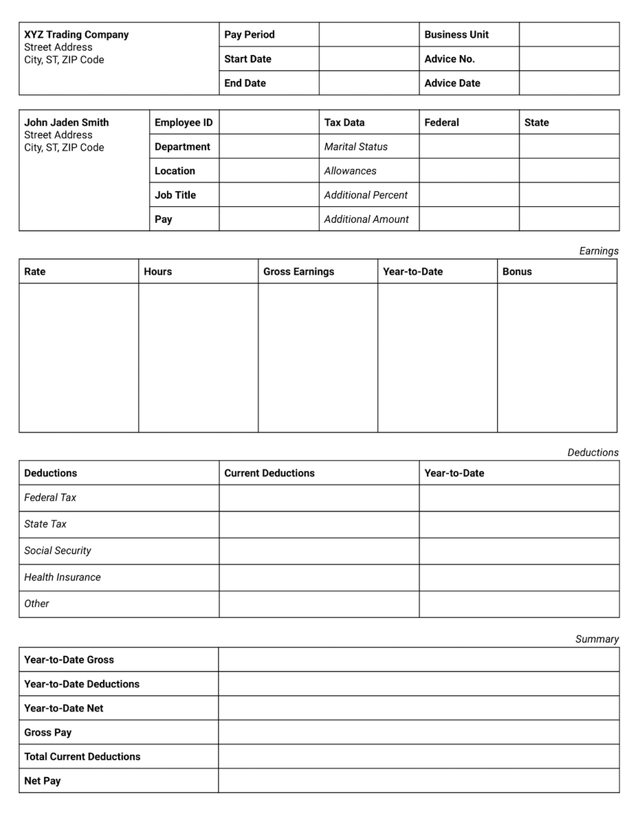 Pay stub template Google Docs—preview of basic employee pay stub template