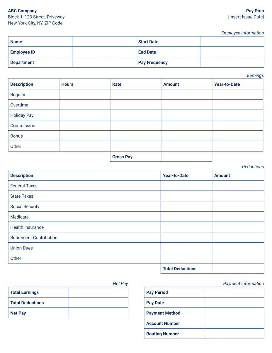 Preview of hourly wage pay stub template