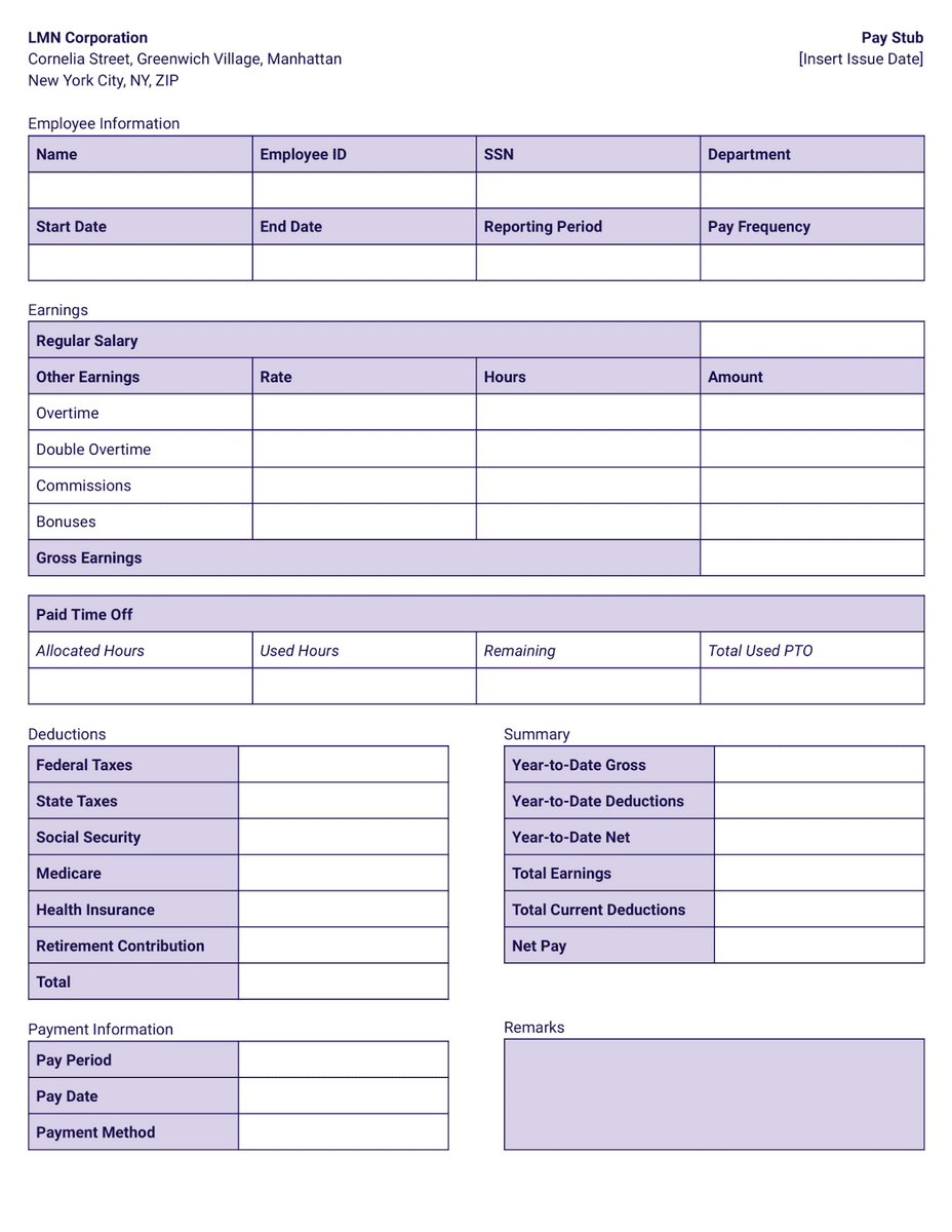 Preview of salary pay stub template with OT and PTO