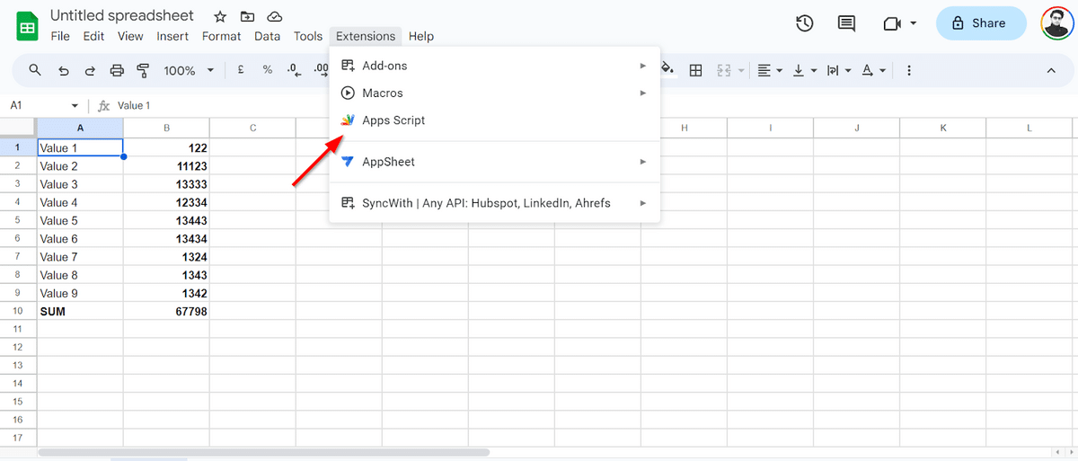 Apps Script option in Google Sheets