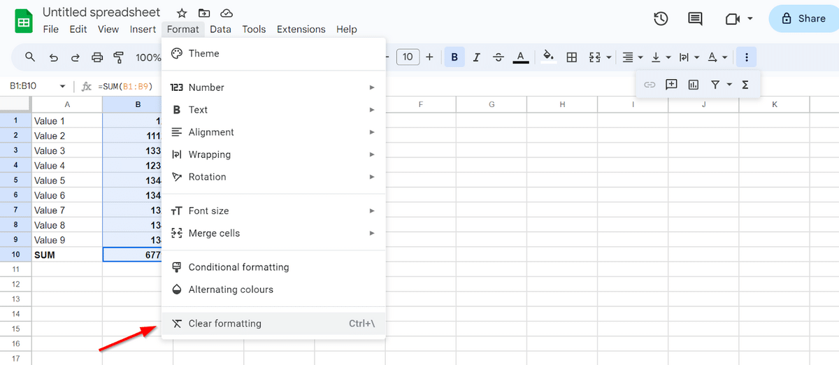 Clear formatting on multiple cells in Google Sheets