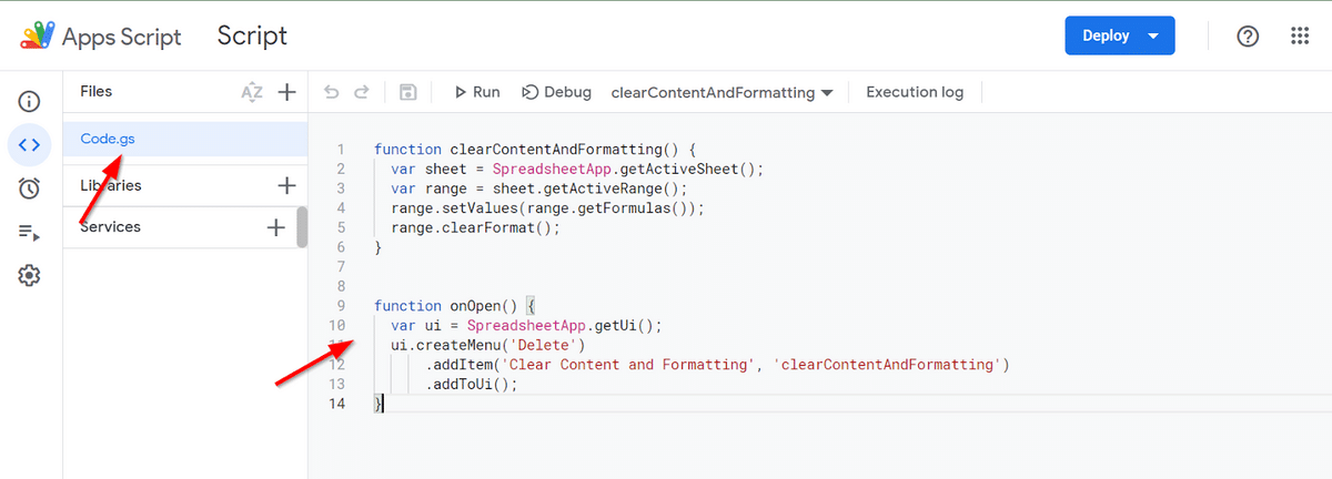 Adding code.gs file. script in Google Sheets