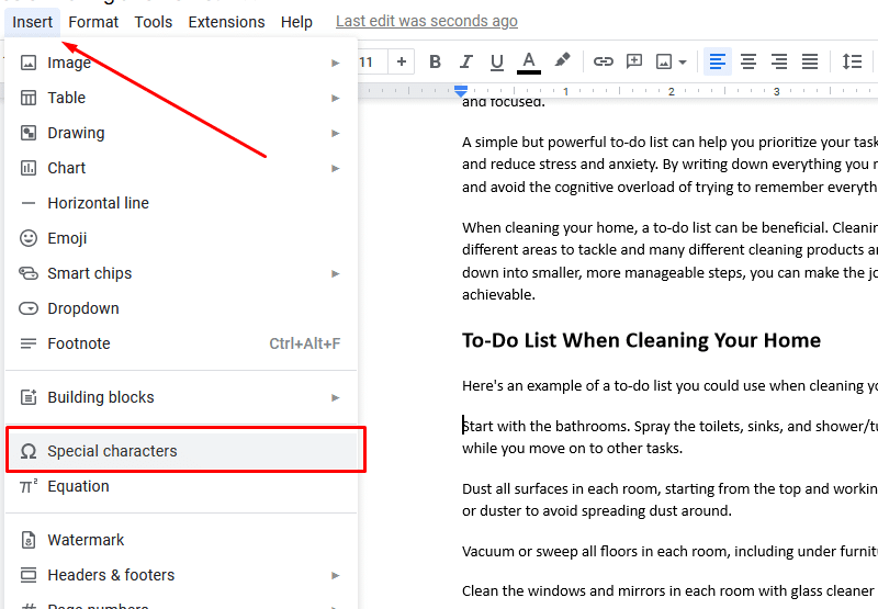 Insert option Special characters in Google Docs