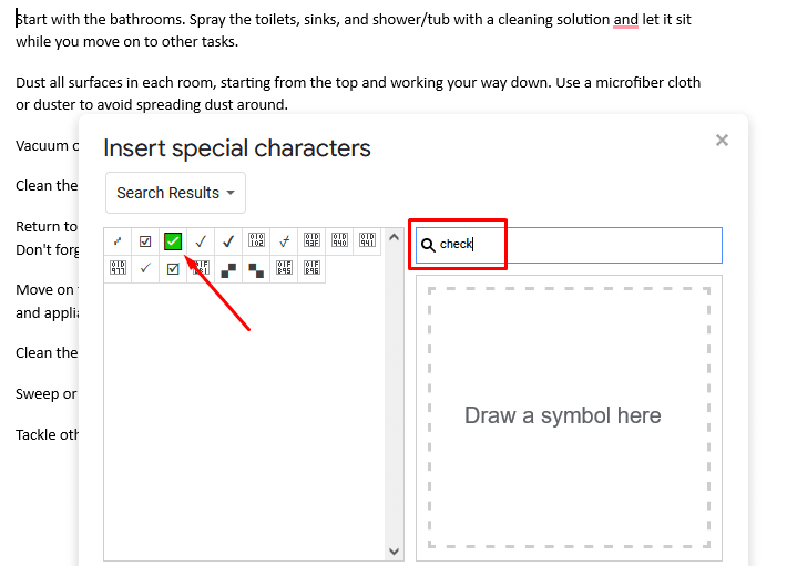 Insert special characters section and pick checkbox