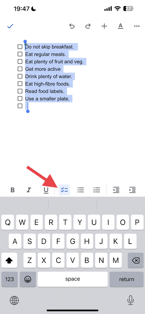 how to insert checklist on mobile device