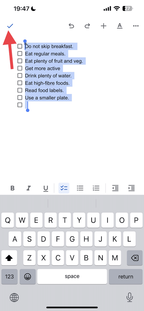 Done button for checklist on GDocs mobile version