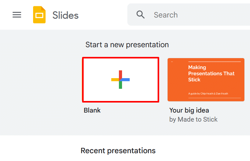 select blank slide in google slides