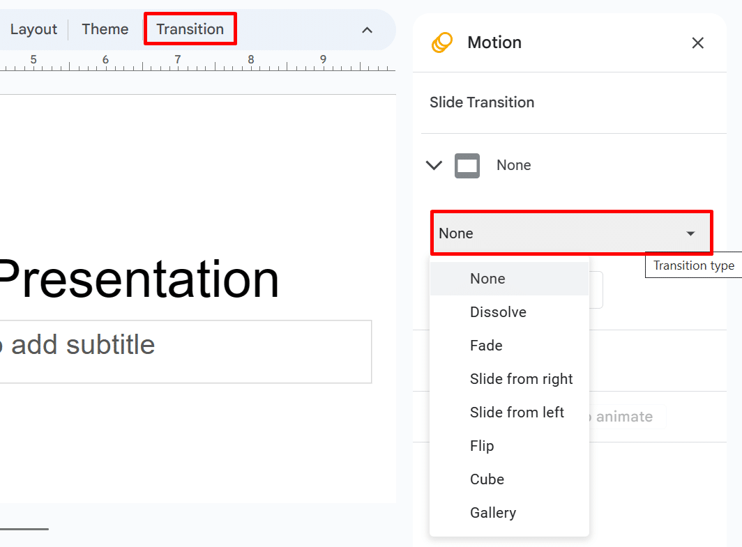 types of transitions on google slides