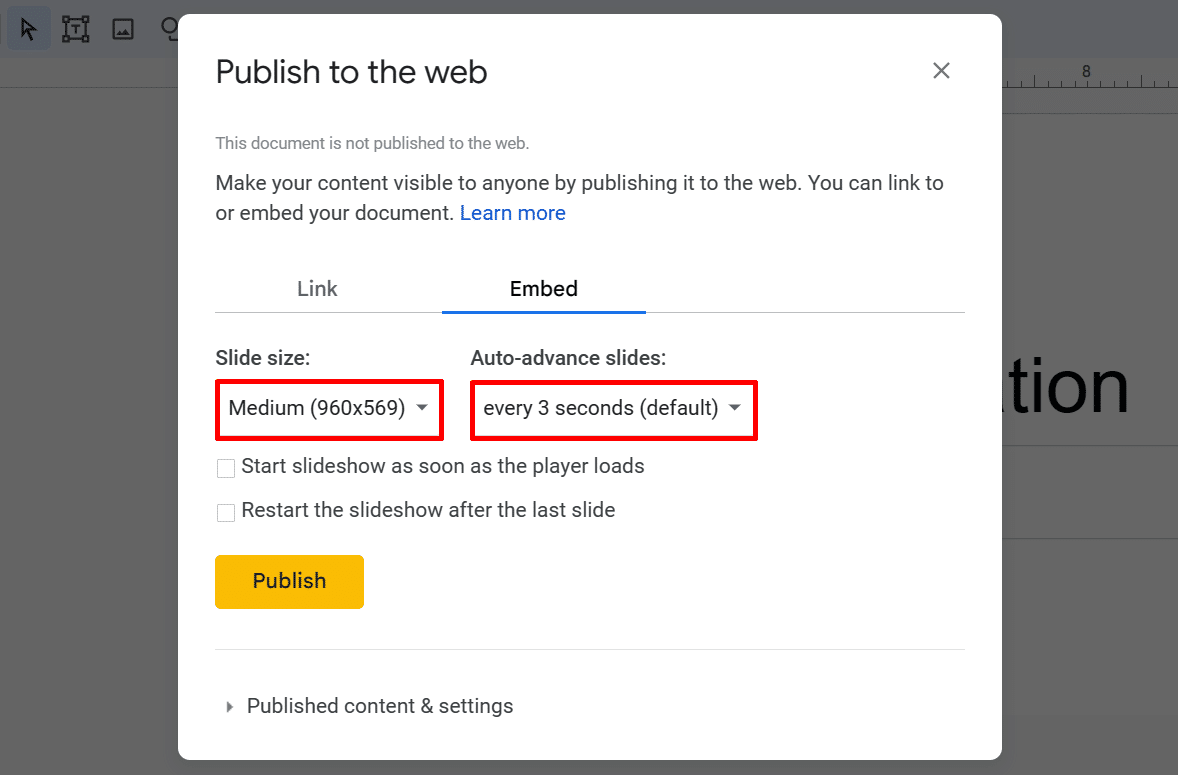 how to publish google slides to website under Embed