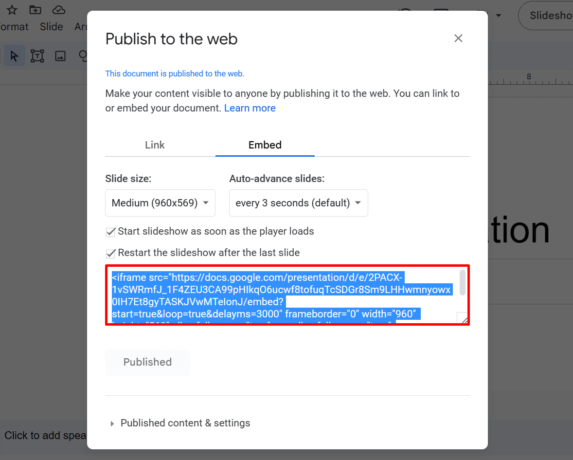 copy the generated embed code in google slides