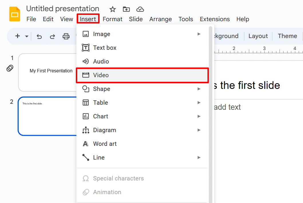where to find video option in google slides