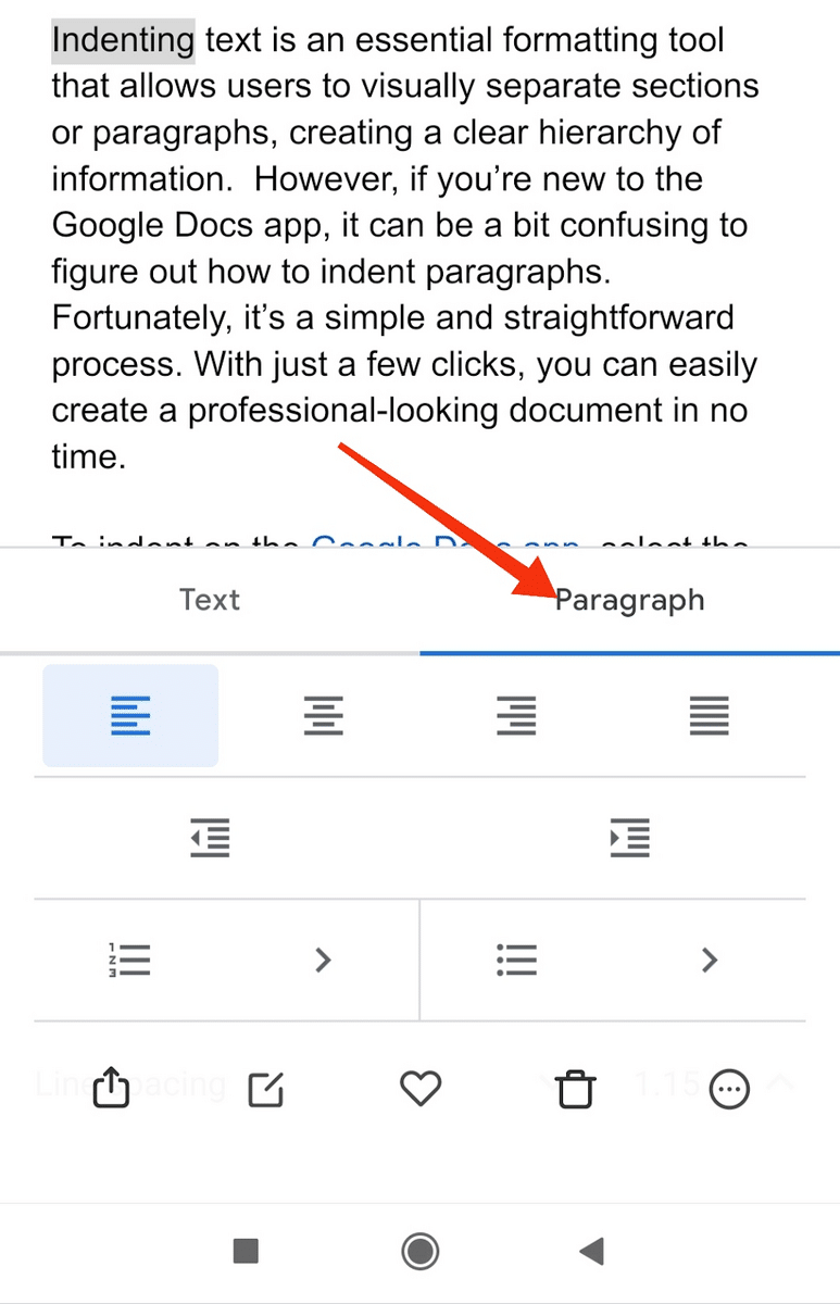 Google Docs App on Android - Paragraph button