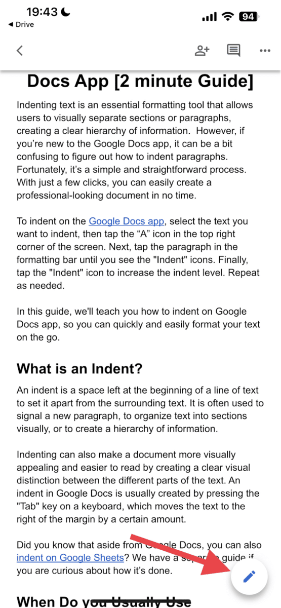 Google Docs App on iOS - Edit icon