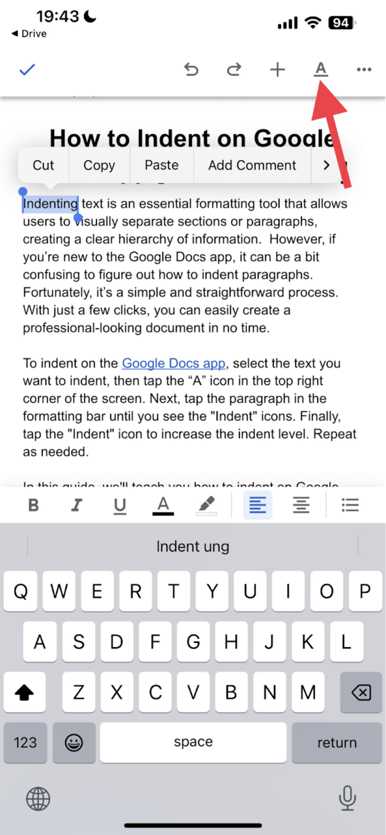 Google Docs App on iOS - Format (A) icon