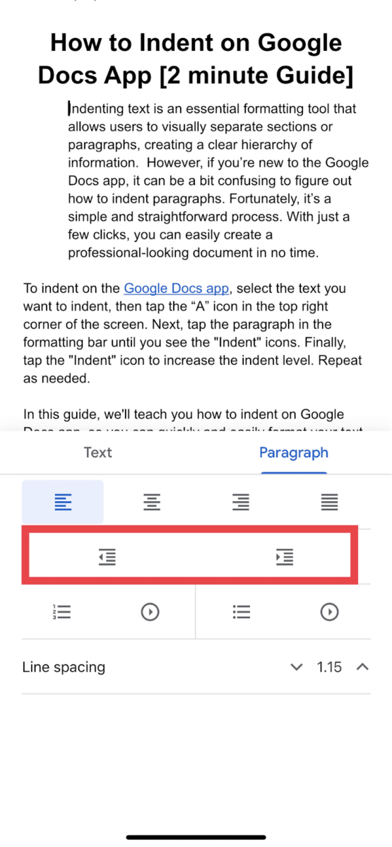 Google Docs App on iOS - Left or right indention