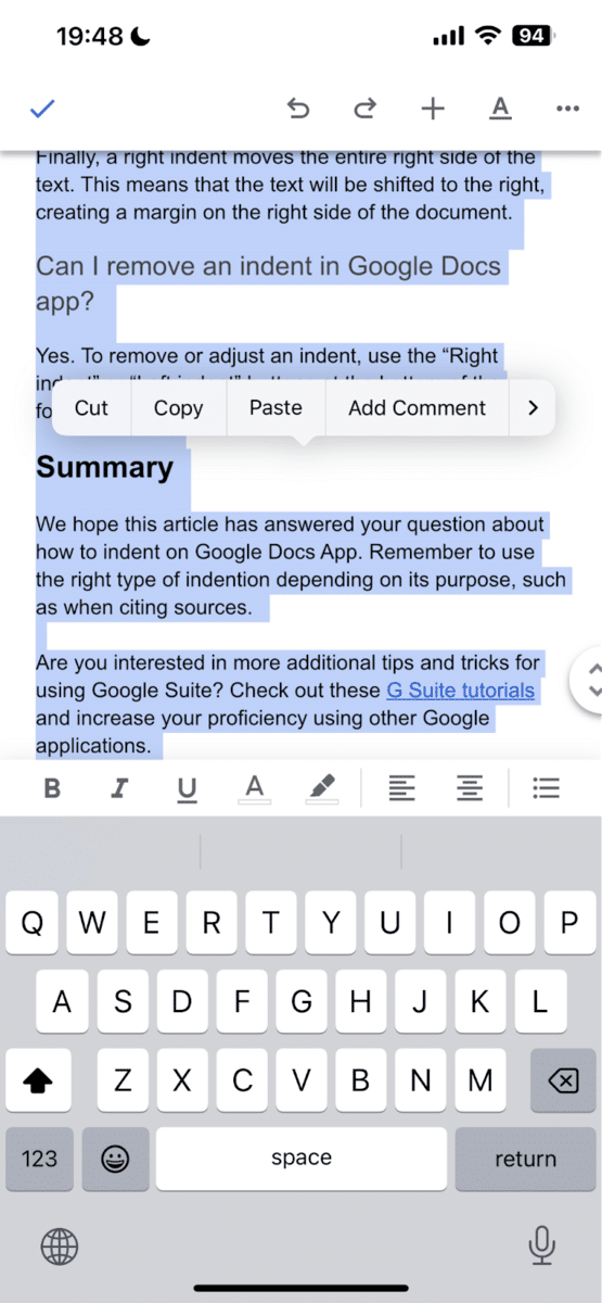 Google Docs App on iOS - highlight all texts