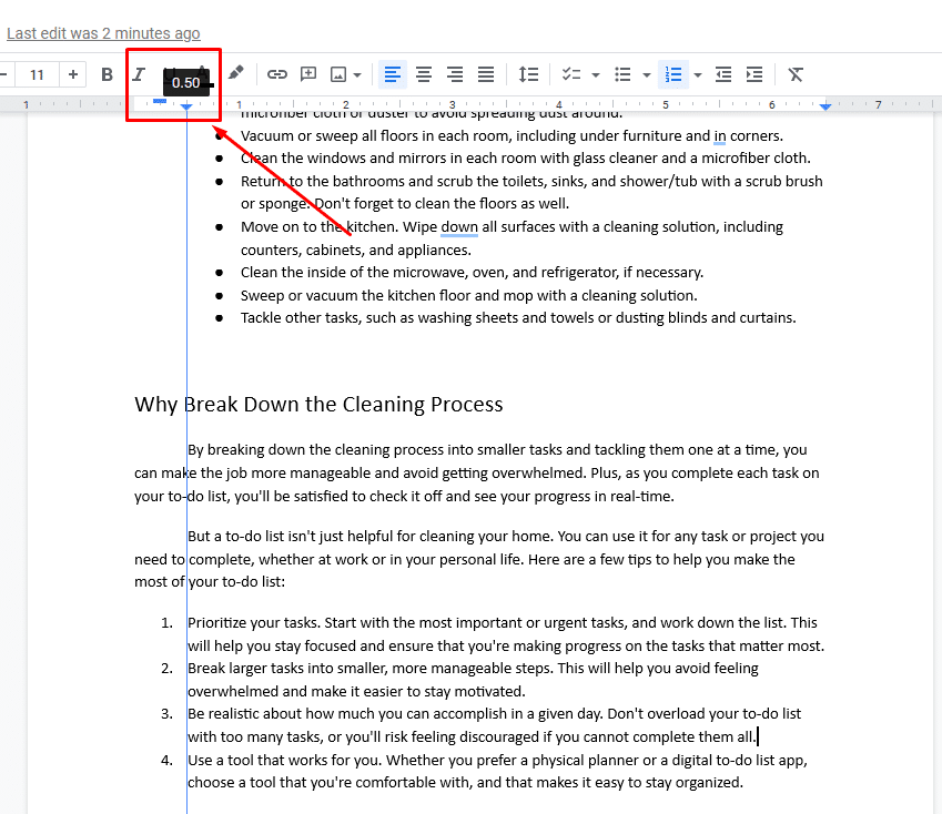 Use ruler to indent first line of paragraph in Google Docs